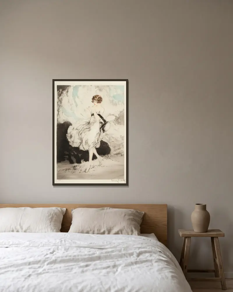 Dame mit Gänseblümchen von Louis Icart gerahmt an einer Wand