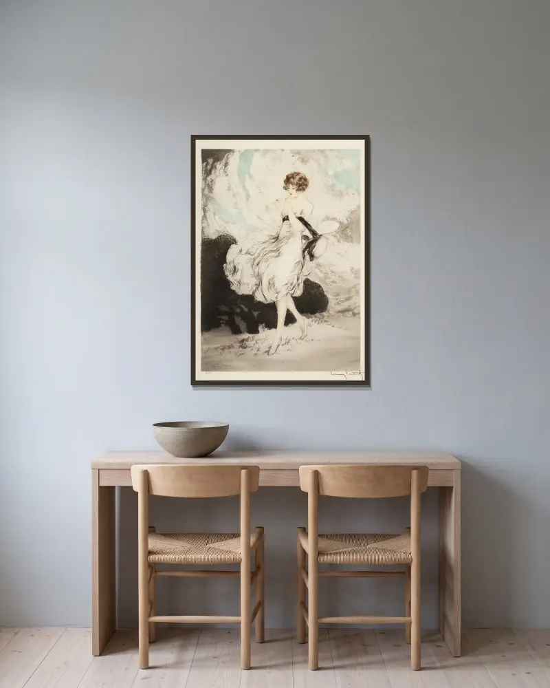 Dame mit Gänseblümchen von Louis Icart gerahmt an einer Wand