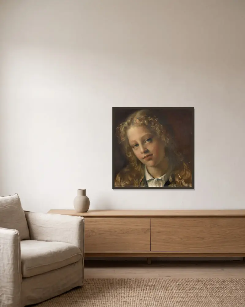 Porträtt av en ung blond flicka av Louis Janmot inramad på en vägg