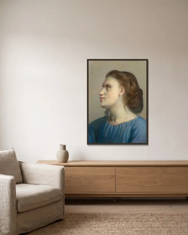Porträtt av en ung flicka i blå skjorta av Louis Janmot inramad på en vägg
