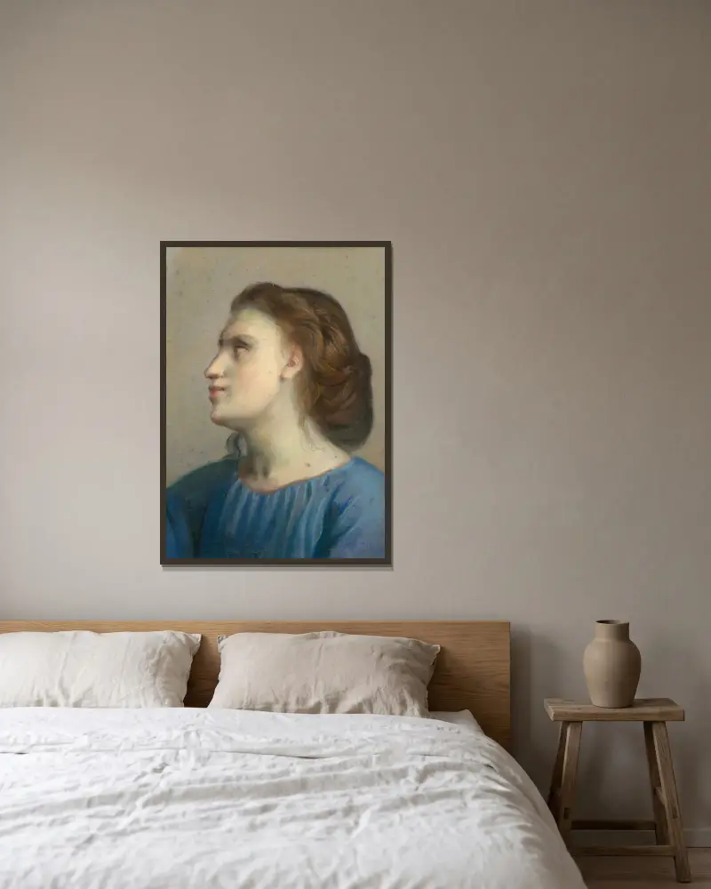 Porträtt av en ung flicka i blå skjorta av Louis Janmot inramad på en vägg