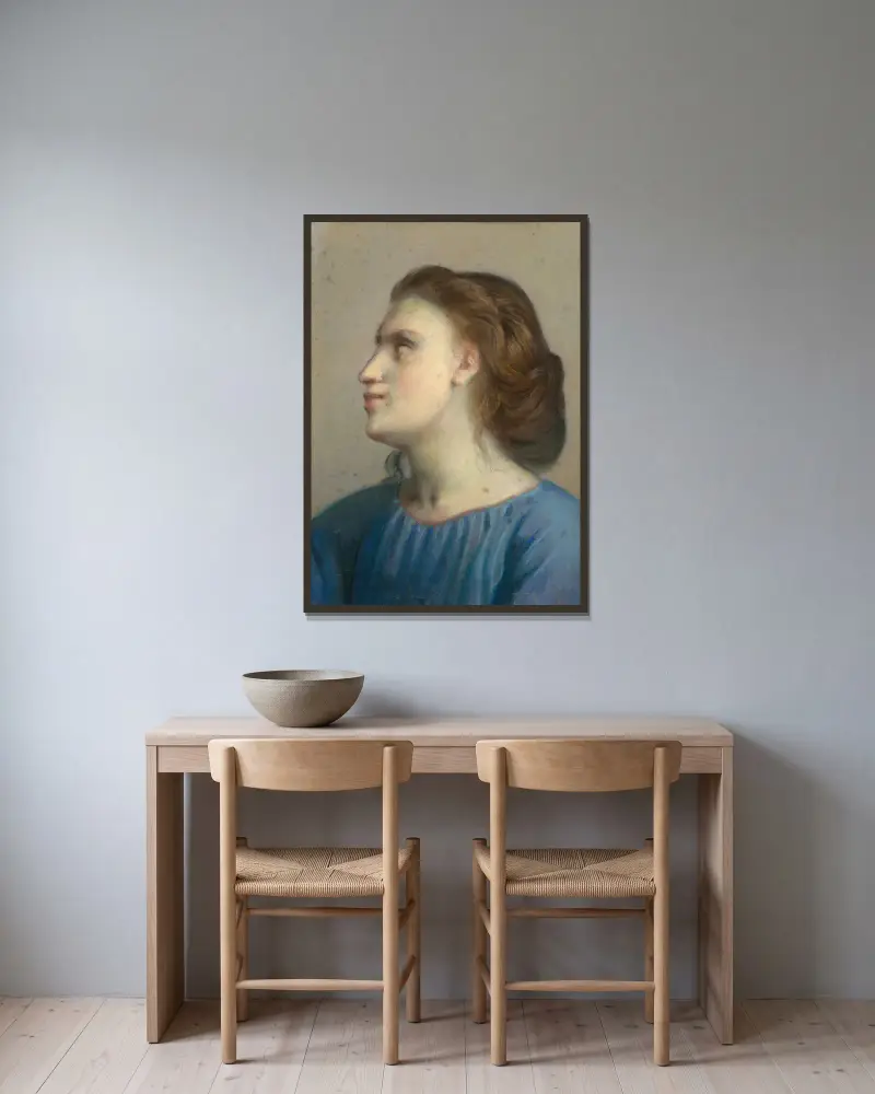 Porträtt av en ung flicka i blå skjorta av Louis Janmot inramad på en vägg