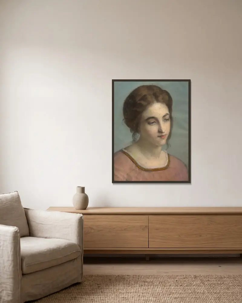 Porträtt av en ung kvinna i rosa skjorta av Louis Janmot inramad på en vägg