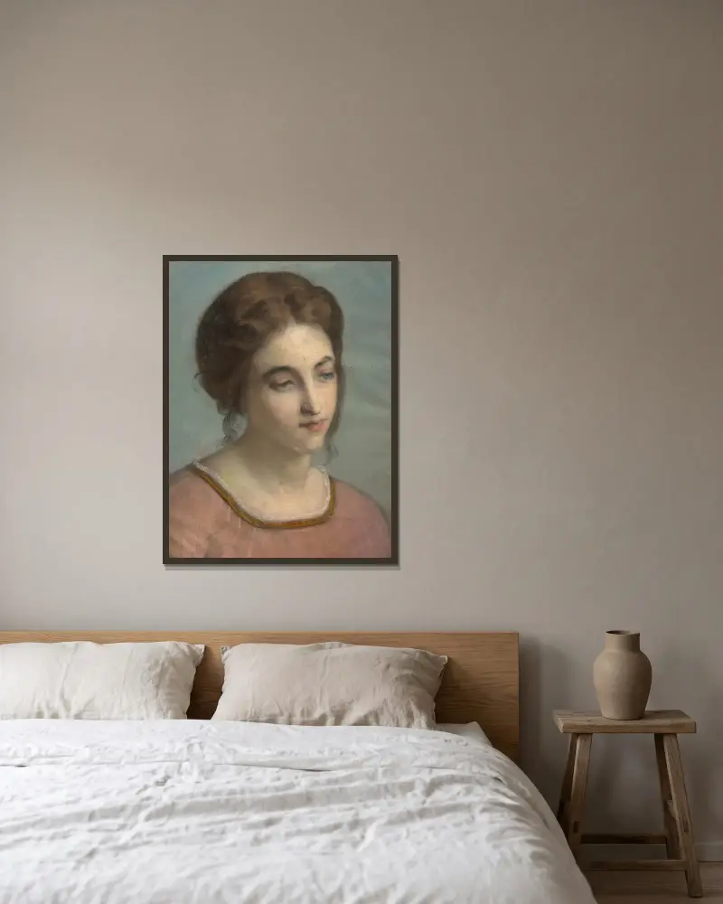 Porträtt av en ung kvinna i rosa skjorta av Louis Janmot inramad på en vägg