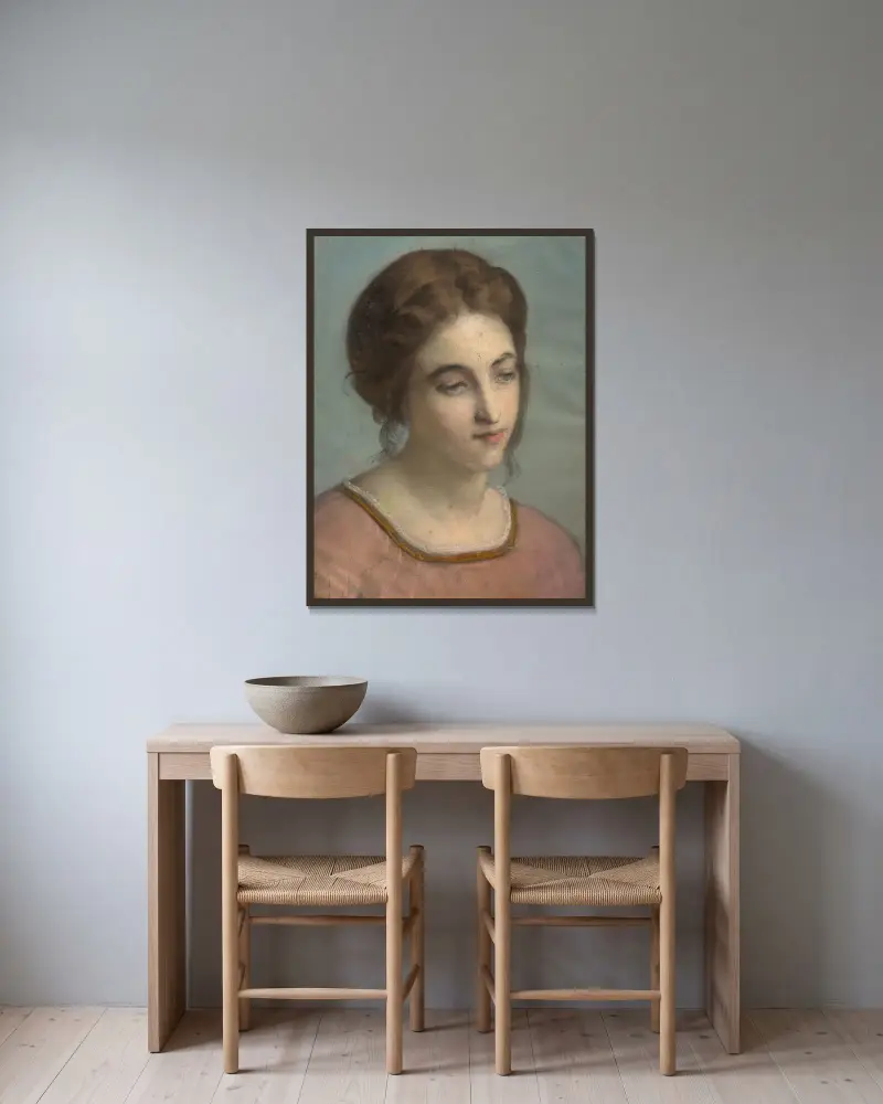 Porträtt av en ung kvinna i rosa skjorta av Louis Janmot inramad på en vägg