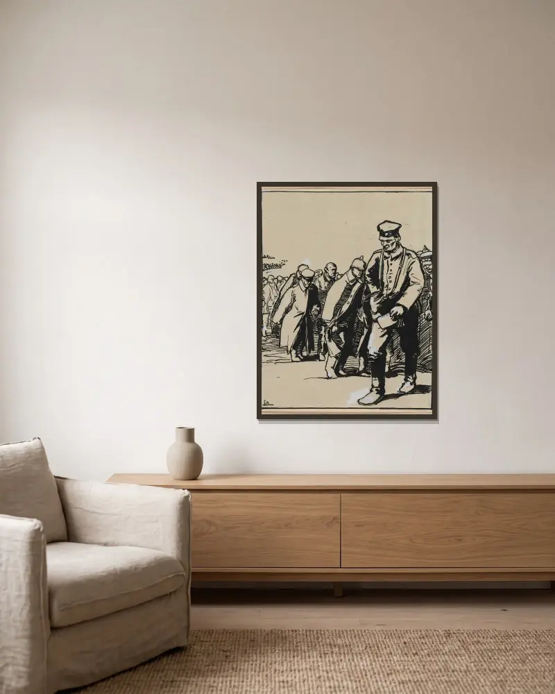 Marsch av en grupp tyska krigsfångar av Auguste Louis Lepère inramad på en vägg