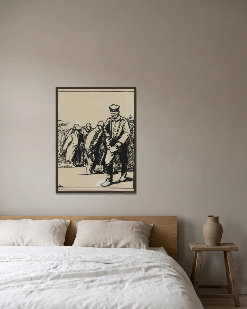 Marsch av en grupp tyska krigsfångar av Auguste Louis Lepère inramad på en vägg