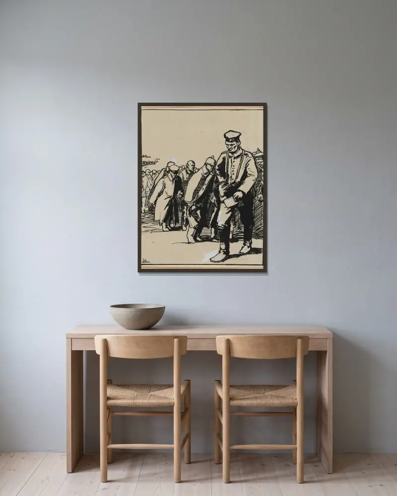 Marsch av en grupp tyska krigsfångar av Auguste Louis Lepère inramad på en vägg