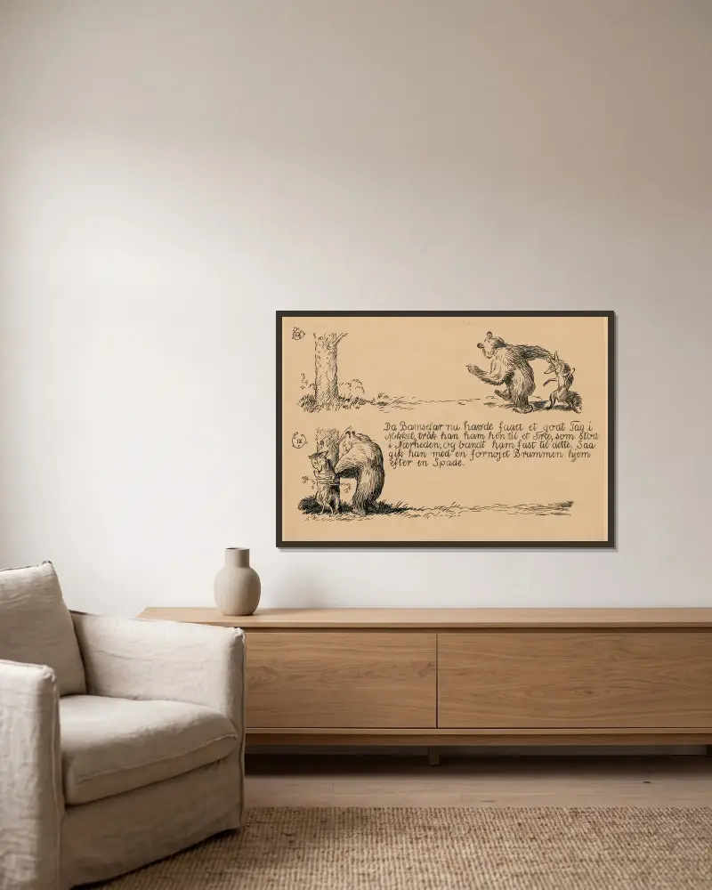 Bamsefar og Mikkel Ræv Pl.07 von Louis Moe gerahmt an einer Wand