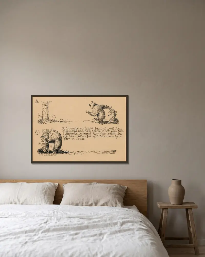 Bamsefar og Mikkel Ræv Pl.07 von Louis Moe gerahmt an einer Wand