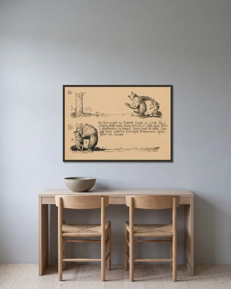 Bamsefar og Mikkel Ræv Pl.07 von Louis Moe gerahmt an einer Wand