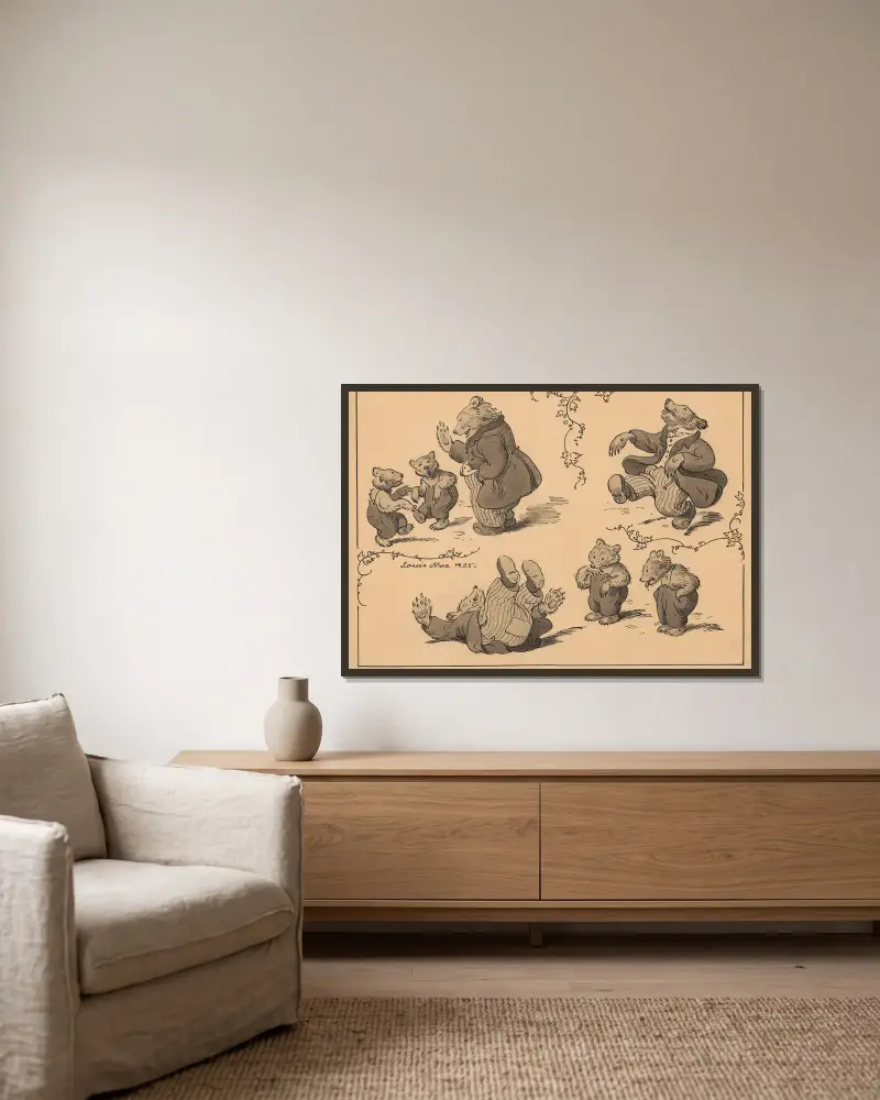 Bears depicted as humans. av Louis Moe inramad på en vägg