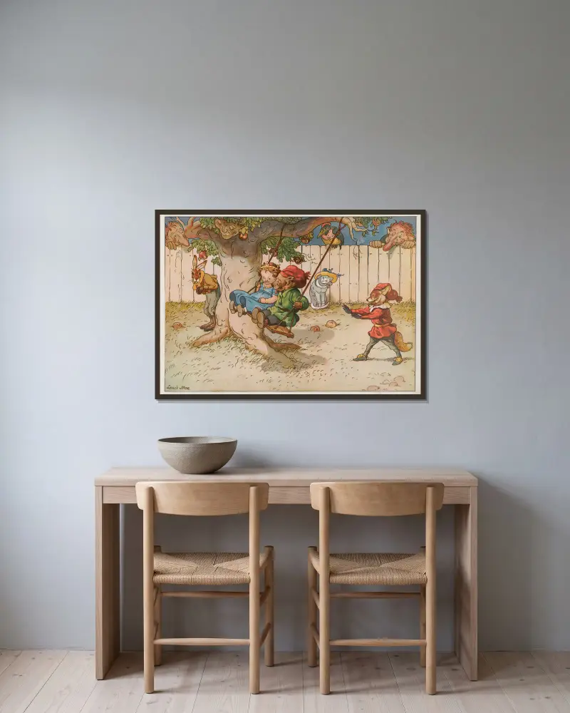 Bruin; den lilla björnens äventyr, plansch 5 av Louis Moe inramad på en vägg