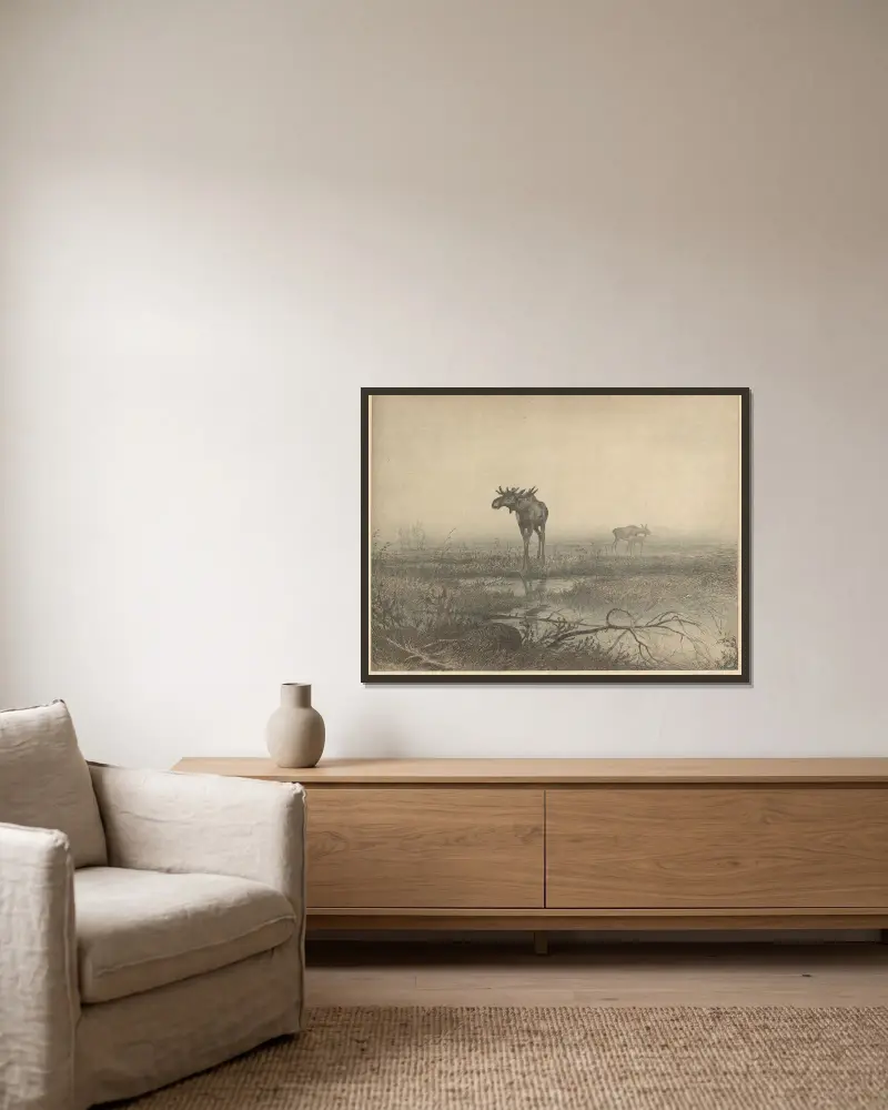 Urzeit (Prähistorisches Dänemark) von Louis Moe gerahmt an einer Wand