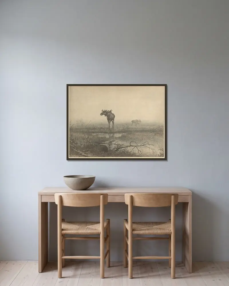 Urzeit (Prähistorisches Dänemark) von Louis Moe gerahmt an einer Wand
