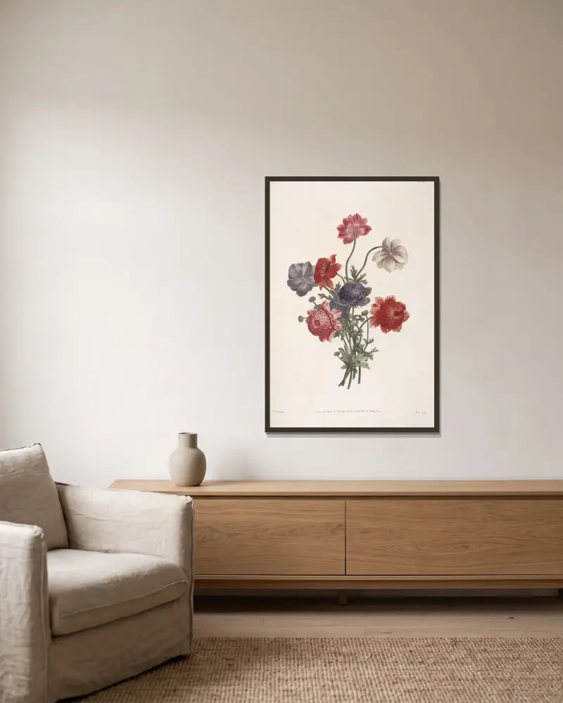 Bouquet d’Anémones de cinq sortes différentes av Jean Louis Prévost inramad på en vägg