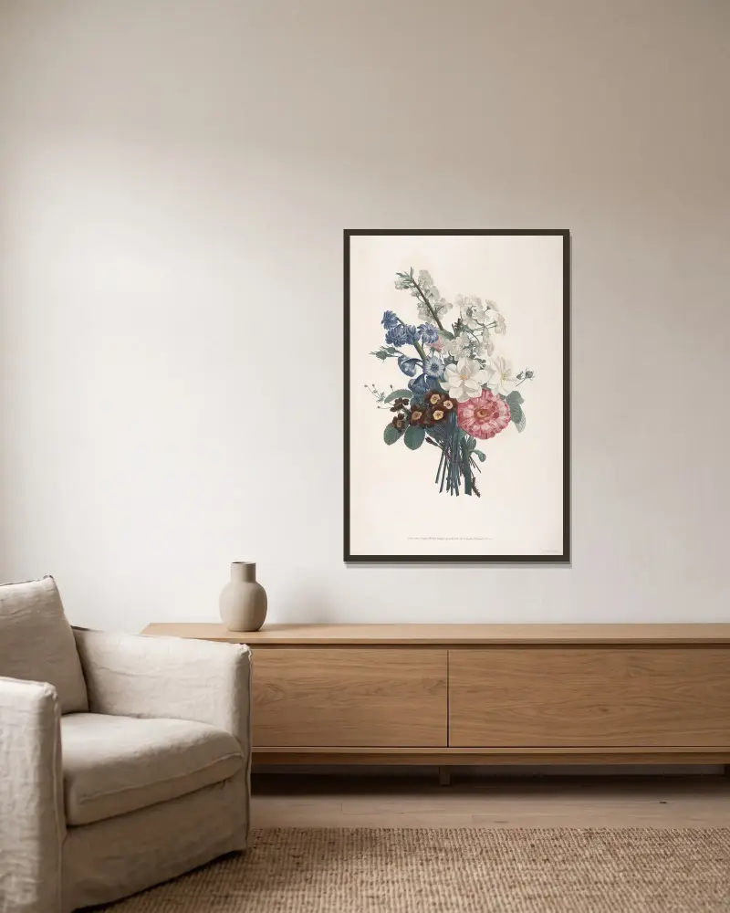 Bouquet de Jacinte, Auricules, Narcisse tardif, Rose panachée, branche de Cerisiers en fleur av Jean Louis Prévost inramad på en vägg