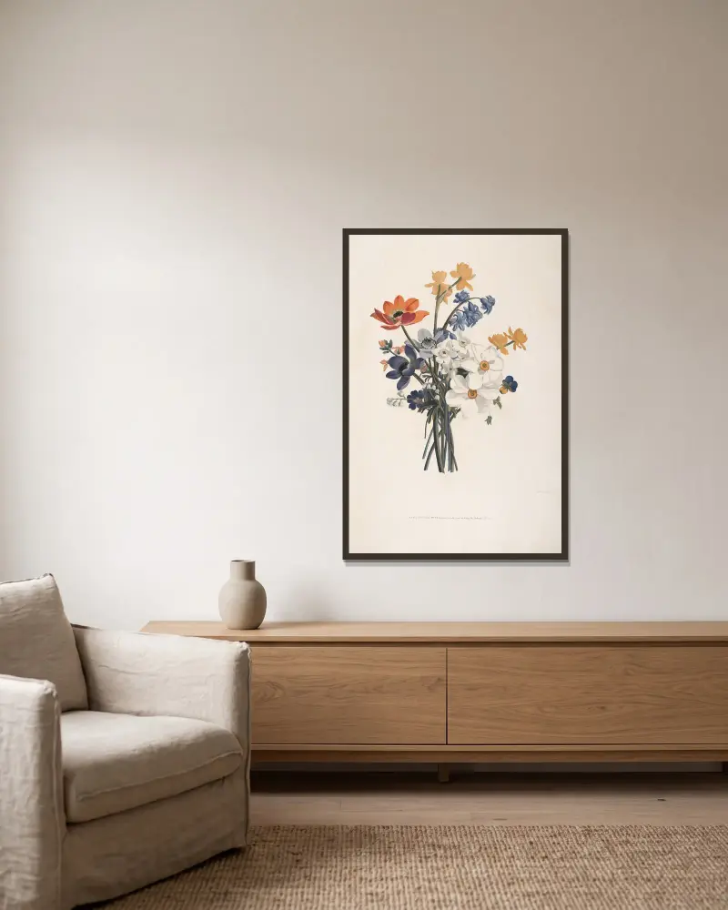 Bukett med hyacinter, olika narcisser, anemoner, penséer, gullviva, liljekonvalj och gul lövkoja av Jean Louis Prévost inramad på en vägg