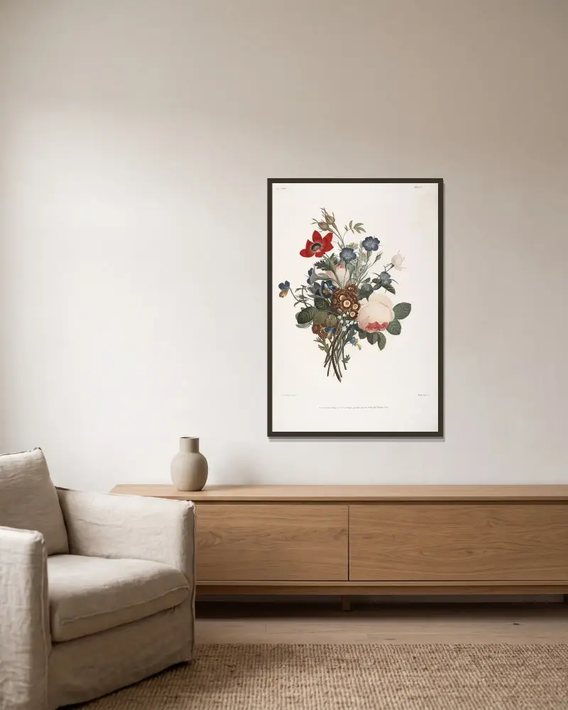 Strauß mit Rosen, Anemonen, Stiefmütterchen, Nelken, Aurikeln, Jonquillen und Maiglöckchen von Jean Louis Prévost gerahmt an einer Wand