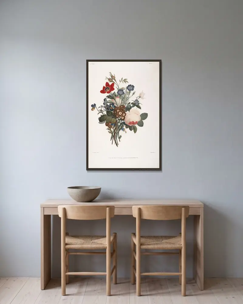 Strauß mit Rosen, Anemonen, Stiefmütterchen, Nelken, Aurikeln, Jonquillen und Maiglöckchen von Jean Louis Prévost gerahmt an einer Wand
