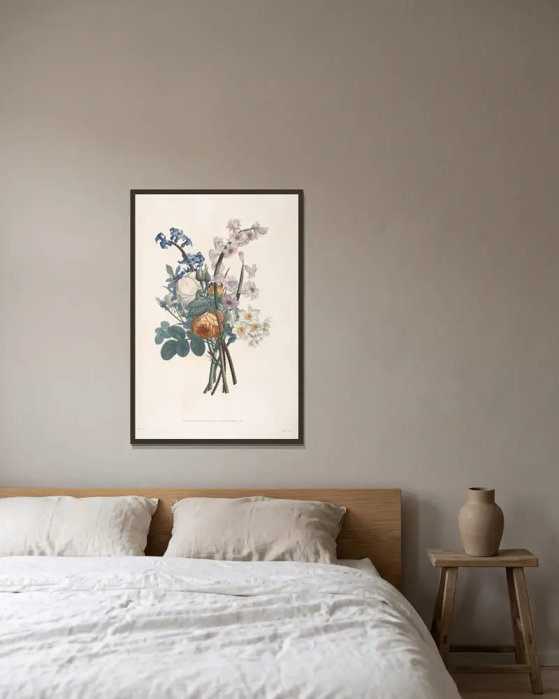 Bukett med gula och vita rosor, hyacinter och narcisser av Jean Louis Prévost inramad på en vägg
