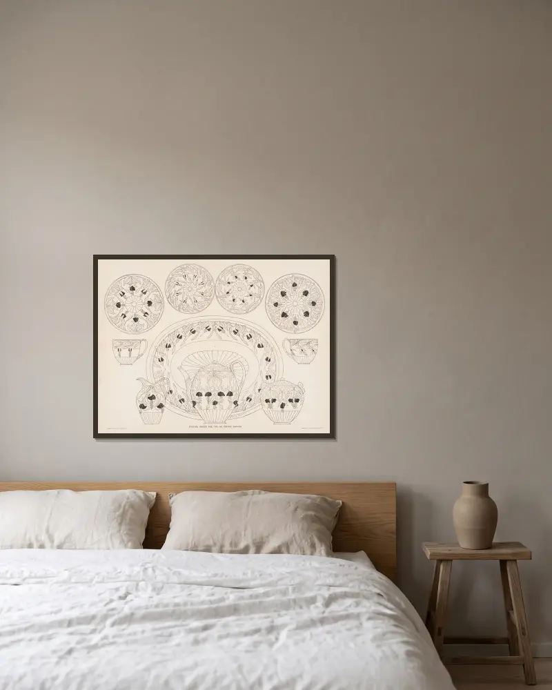 Fuchsien-Design für ein Tee- oder Kaffeeservice von Louis Rhead gerahmt an einer Wand