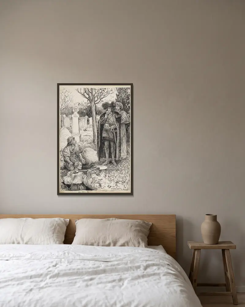Hamlet, Prinz von Dänemark. Wessen Totenkopf ist das von Louis Rhead gerahmt an einer Wand
