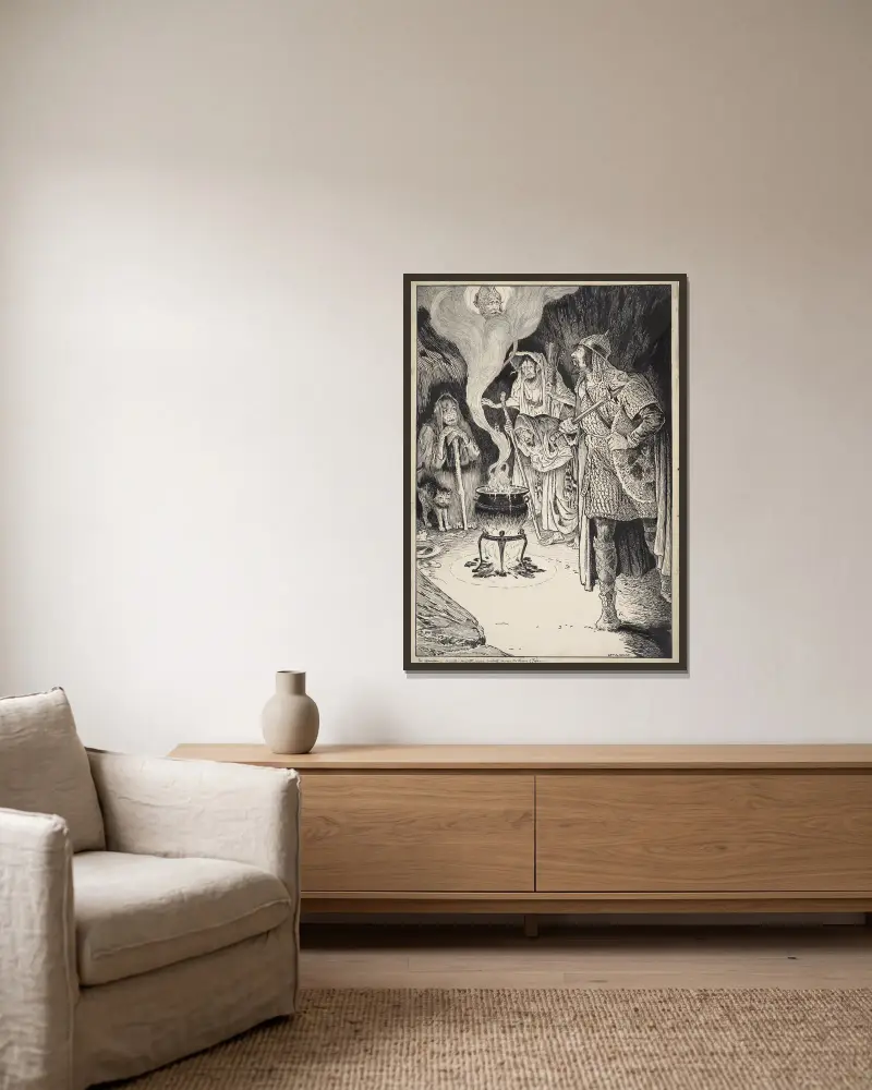Macbeth, act IV, scene I av Louis Rhead inramad på en vägg