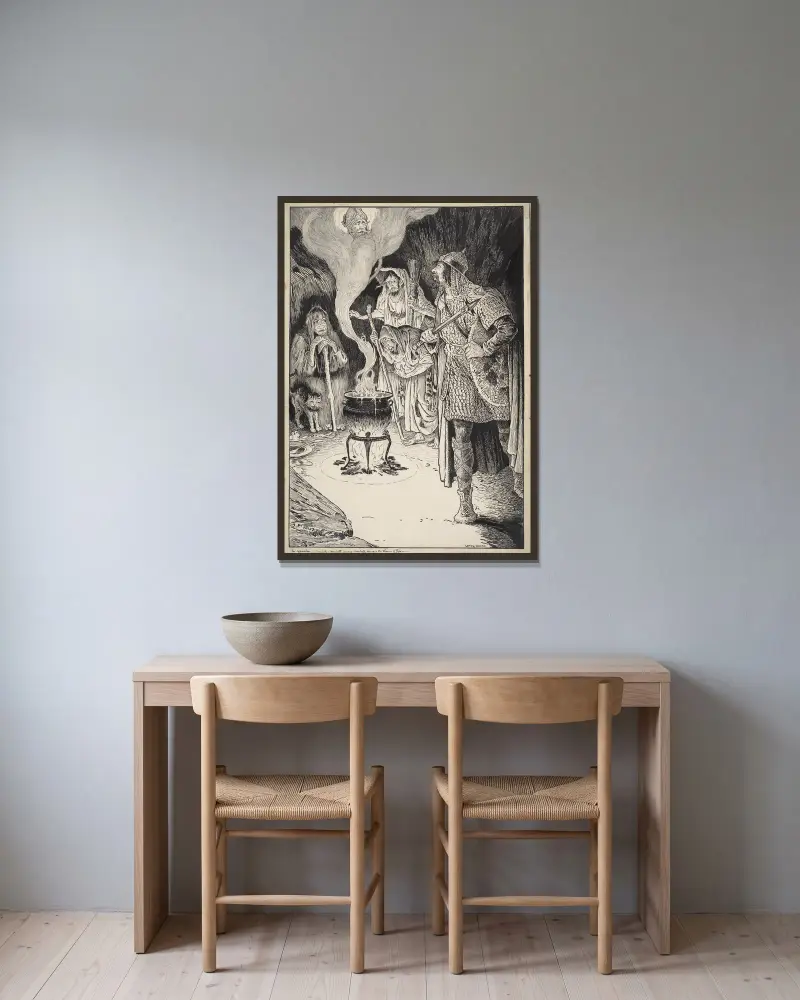 Macbeth, act IV, scene I av Louis Rhead inramad på en vägg