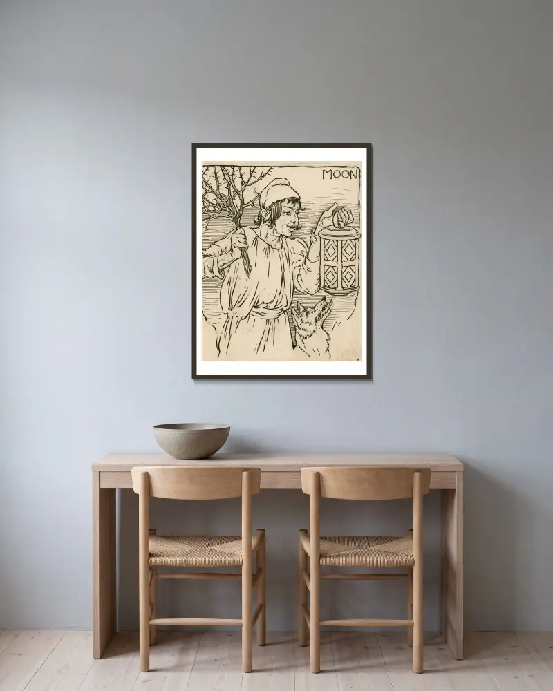 Mond [das heißt Robin Starveling, der Schneider, im Spiel von Pyramus und Thisbe] von Louis Rhead gerahmt an einer Wand