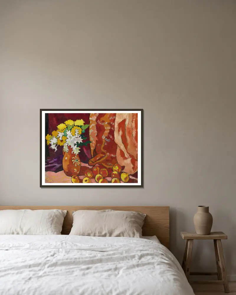 Blumenstrauß im braunen Krug mit Äpfeln von Louis Valtat gerahmt an einer Wand