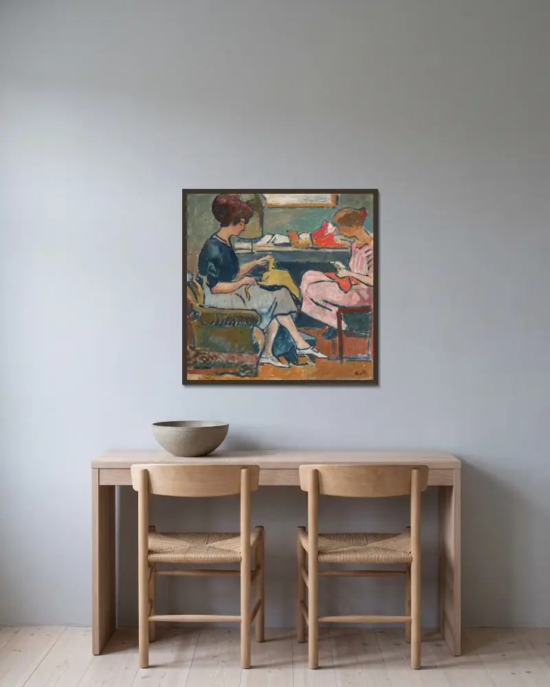 Två unga kvinnor som syr av Louis Valtat inramad på en vägg