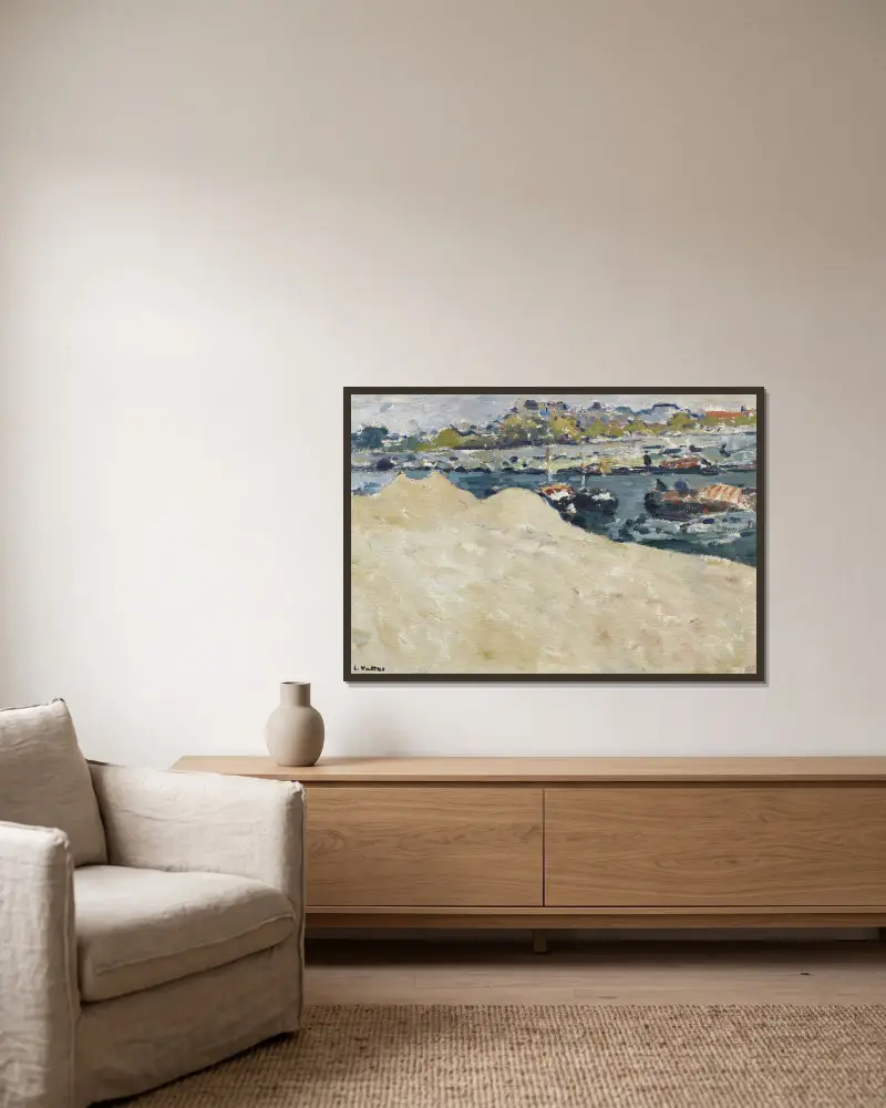 Sandbankar vid Seines kajer i Paris av Louis Valtat inramad på en vägg