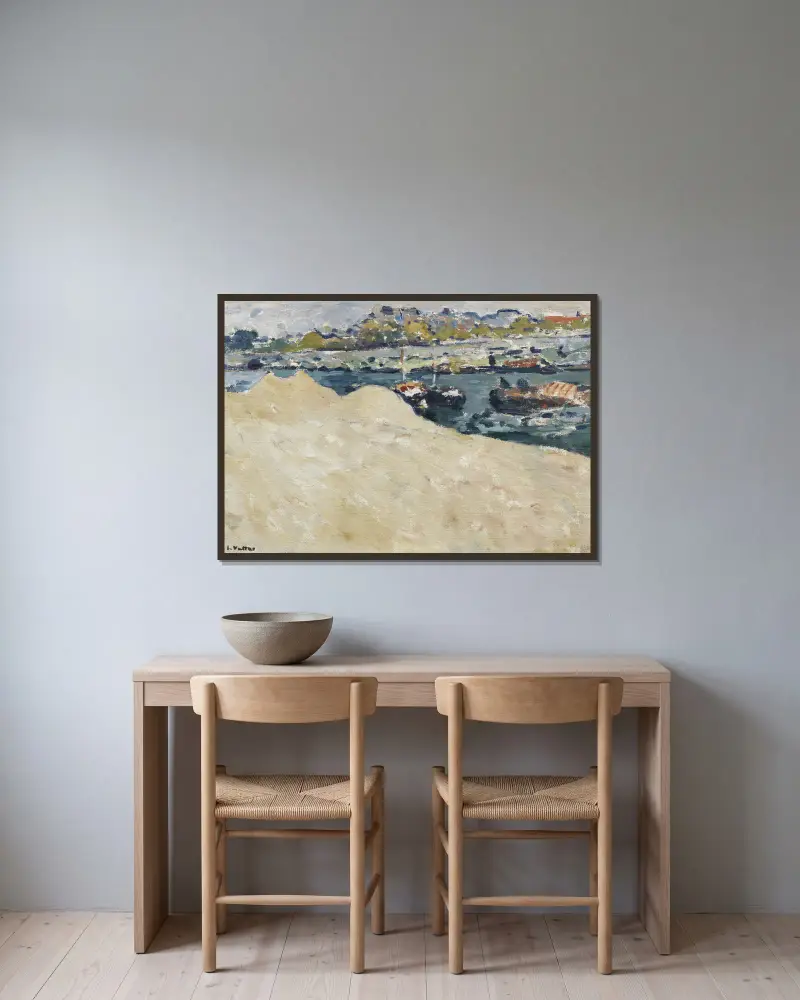 Sandbankar vid Seines kajer i Paris av Louis Valtat inramad på en vägg