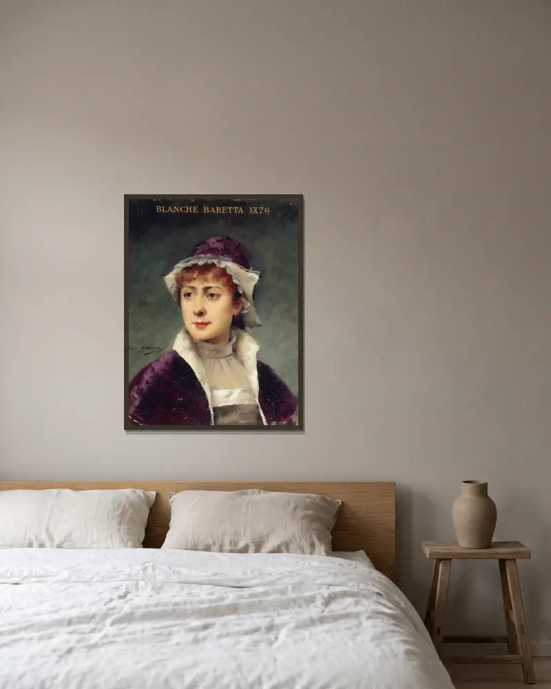 Porträtt av Blanche Baretta (1855–1939), medlem av Comédie-Française av Louise Abbéma inramad på en vägg