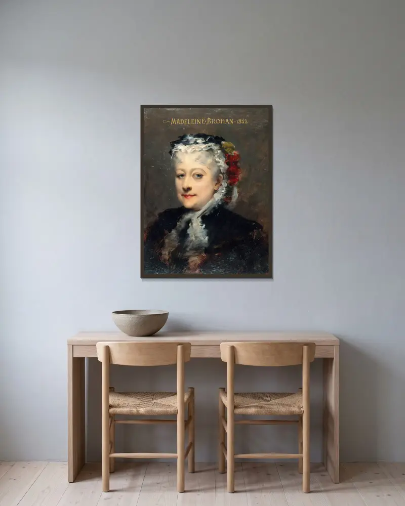 Porträtt av Madeleine Brohant (1833–1900), societär vid Comédie-Française av Louise Abbéma inramad på en vägg