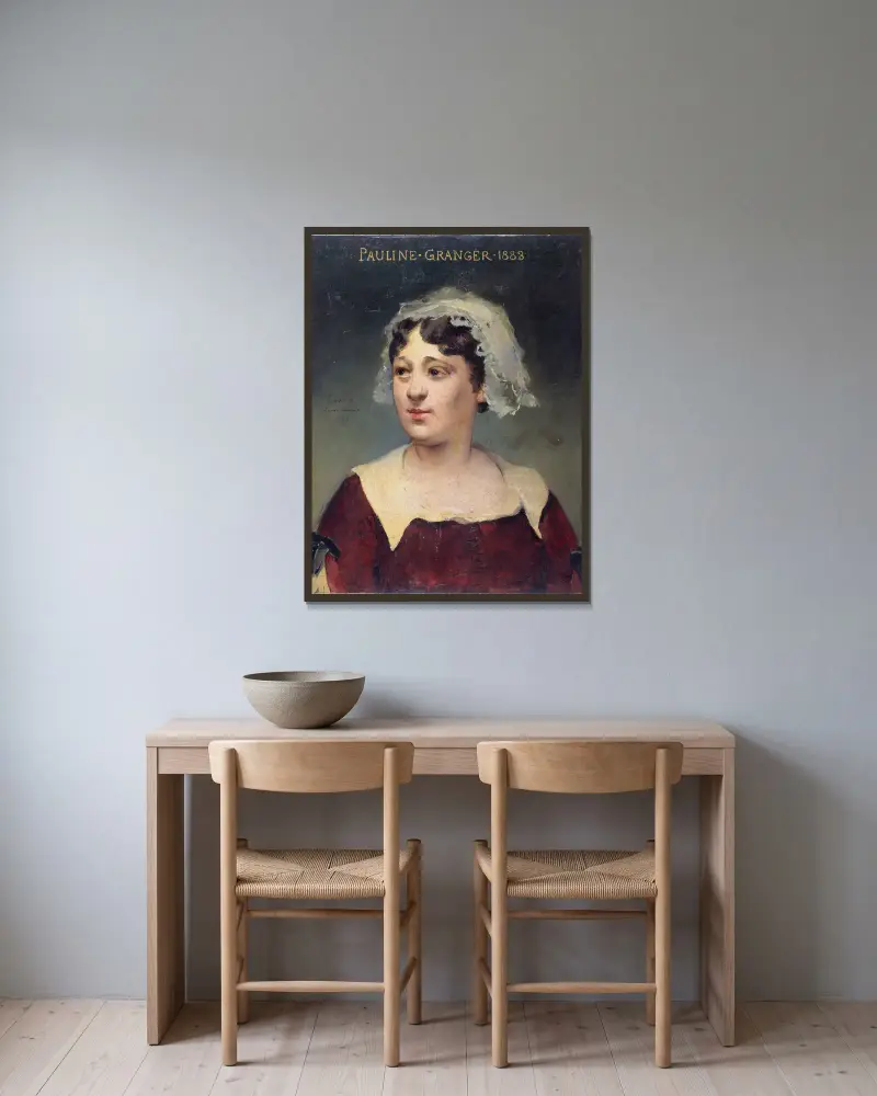 Porträtt av Pauline Granger (1833–1913), medlem av Comédie-Française av Louise Abbéma inramad på en vägg