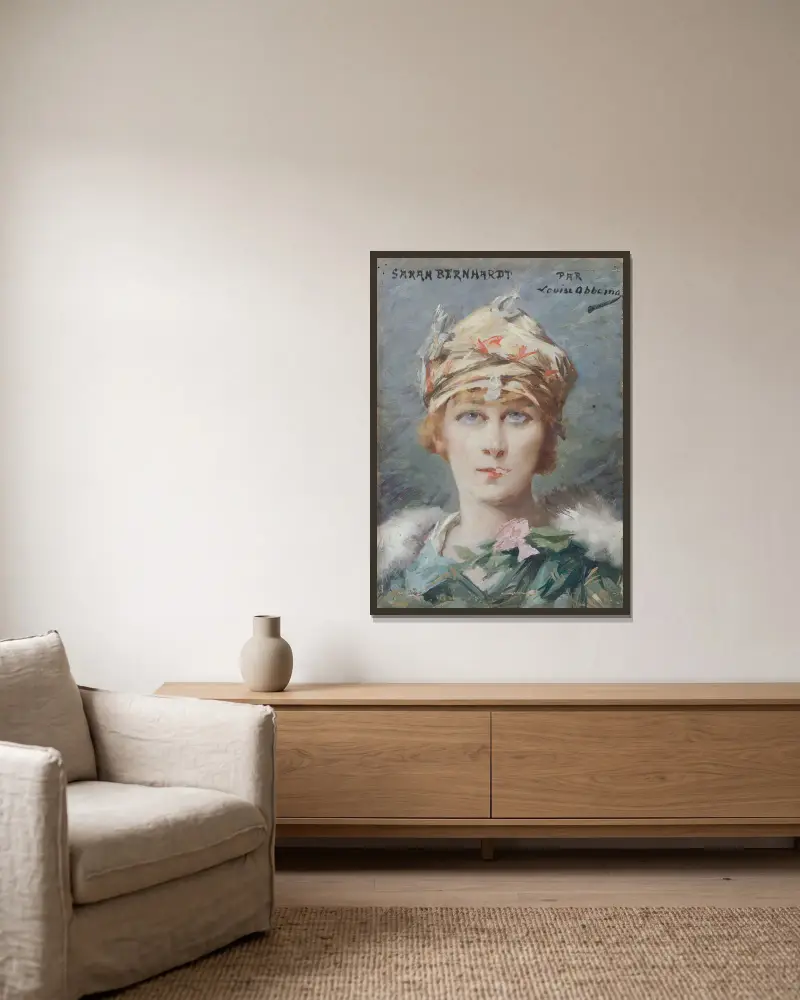 Porträtt av Sarah Bernhardt (1844–1923), i rollen som Adrienne Lecouvreur av Louise Abbéma inramad på en vägg