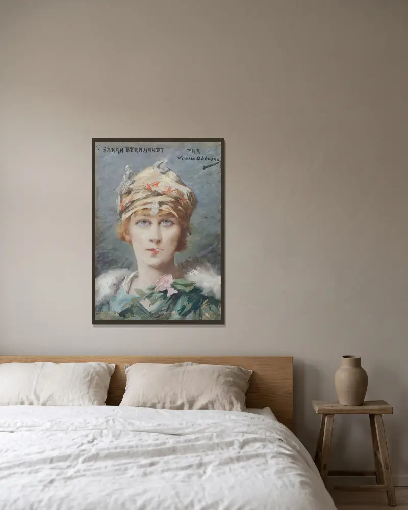 Porträtt av Sarah Bernhardt (1844–1923), i rollen som Adrienne Lecouvreur av Louise Abbéma inramad på en vägg