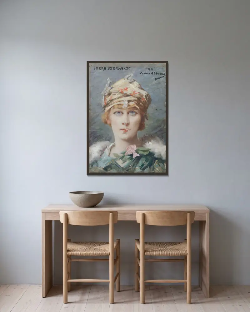 Porträtt av Sarah Bernhardt (1844–1923), i rollen som Adrienne Lecouvreur av Louise Abbéma inramad på en vägg