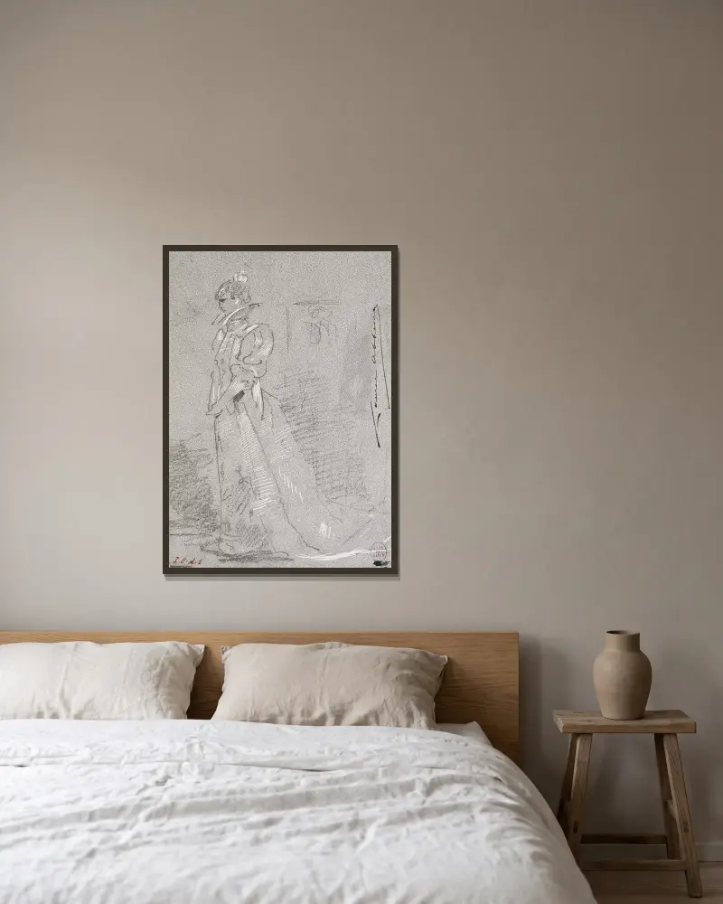 Porträtt av Sarah Bernhardt i helfigur av Louise Abbéma inramad på en vägg