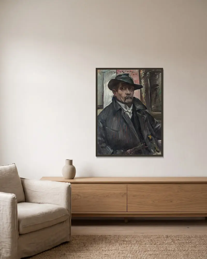 Self-Portrait with Hat and Coat av Lovis Corinth inramad på en vägg