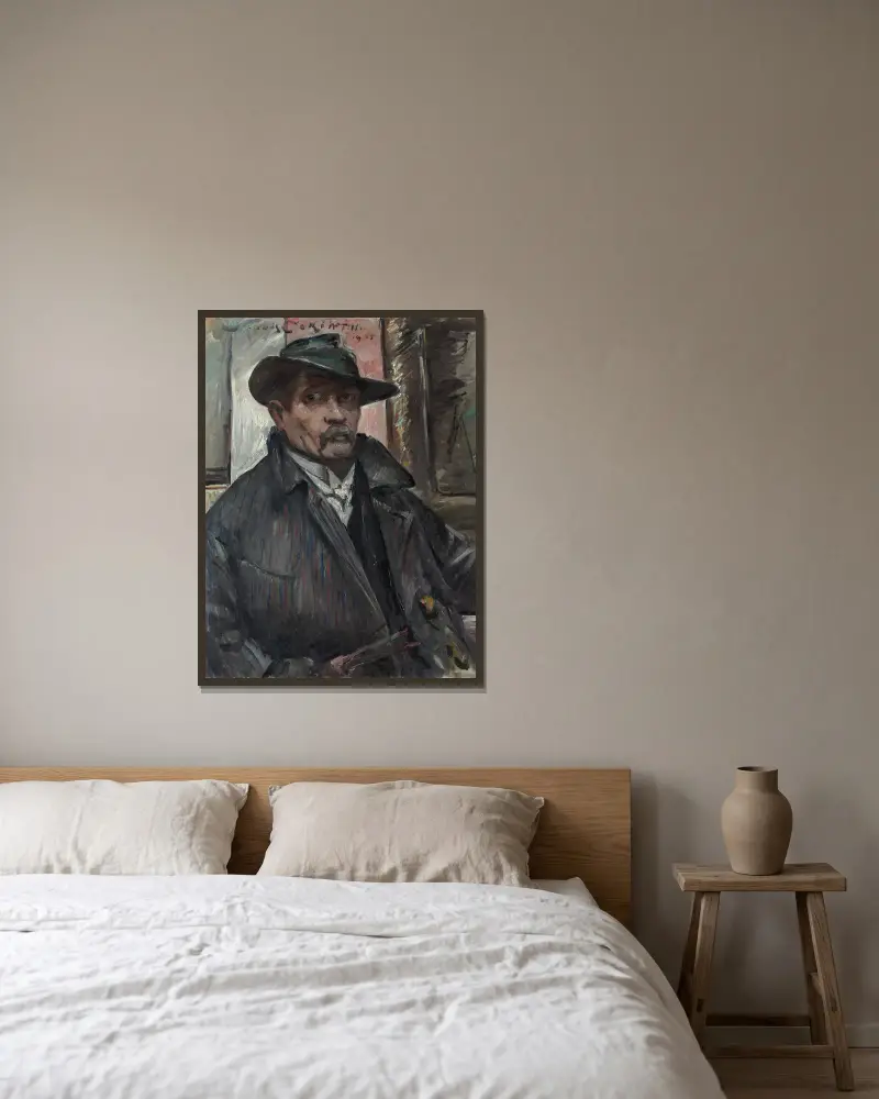 Self-Portrait with Hat and Coat av Lovis Corinth inramad på en vägg