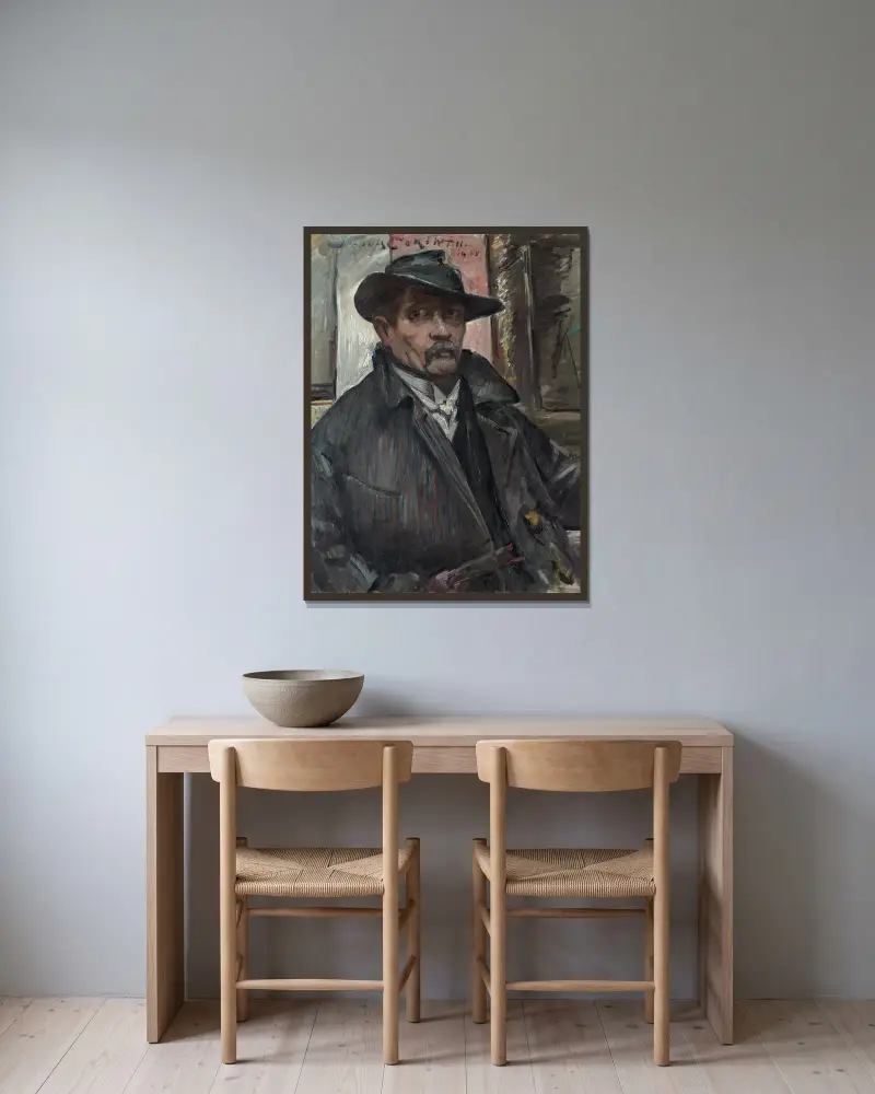 Self-Portrait with Hat and Coat av Lovis Corinth inramad på en vägg