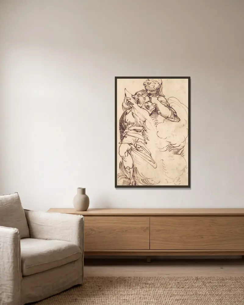 Stehende Sibylle mit Schriftrolle von Luca Cambiaso gerahmt an einer Wand