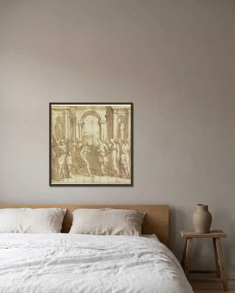 In einer Halle führt in Gegenwart vieler Personen ein Mann einem Jüngling ein Mädchen zu von Luca Cambiaso gerahmt an einer Wand
