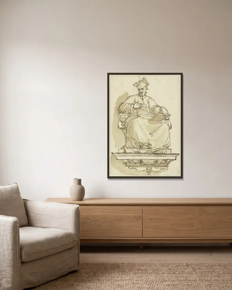 Konsolstatue eines sitzenden Kardinals von Luca Cambiaso gerahmt an einer Wand