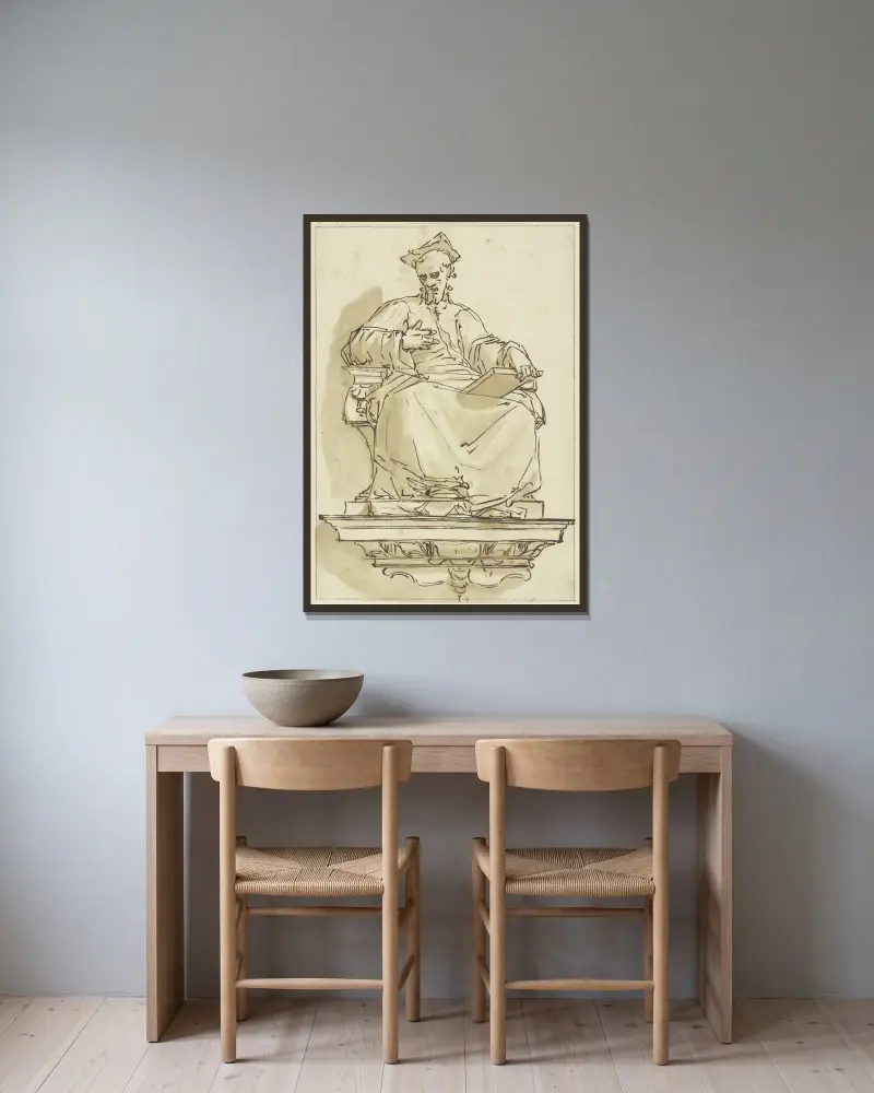 Konsolstatue eines sitzenden Kardinals von Luca Cambiaso gerahmt an einer Wand