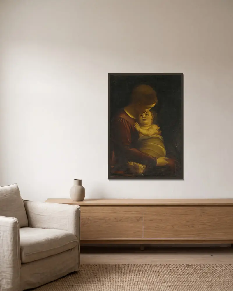 Madonna And Child av Luca Cambiaso inramad på en vägg