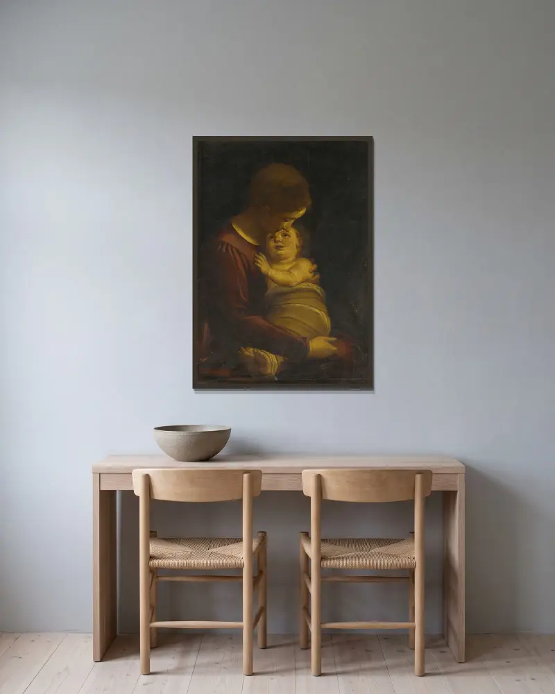 Madonna And Child av Luca Cambiaso inramad på en vägg